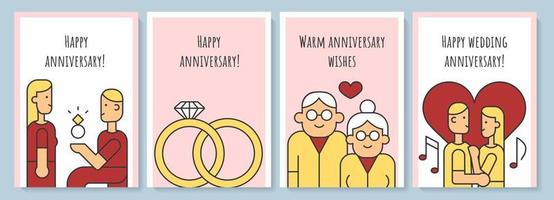 tarjeta de felicitación de aniversario con conjunto de elementos de icono de color. matrimonio felicidades. diseño vectorial de postal. volante decorativo con ilustración creativa. notecard con mensaje de felicitación vector