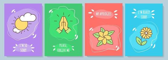 Sorry greeting card with color icon element set. Ask for forgiveness. Excuse and confession. Postcard vector design. Decorative flyer with creative illustration. Notecard with congratulatory message