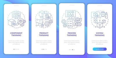 Twinning levels blue gradient onboarding mobile app screen. System twin walkthrough 4 steps graphic instructions pages with linear concepts. UI, UX, GUI template. Myriad Pro-Bold, Regular fonts used vector