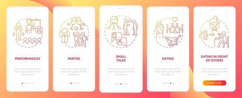 Common anxiety triggers red gradient onboarding mobile app screen. Health walkthrough 5 steps graphic instructions pages with linear concepts. UI, UX, GUI template. Myriad Pro-Bold, Regular fonts used vector