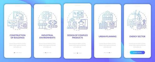 Digital twin use cases blue gradient onboarding mobile app screen. Walkthrough 5 steps graphic instructions pages with linear concepts. UI, UX, GUI template. Myriad Pro-Bold, Regular fonts used vector