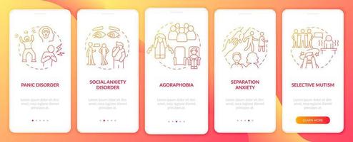 Anxiety disorder types red gradient onboarding mobile app screen. Mind walkthrough 5 steps graphic instructions pages with linear concepts. UI, UX, GUI template. Myriad Pro-Bold, Regular fonts used vector