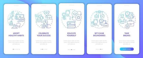 Anxiety avoiding at work blue gradient onboarding mobile app screen. Tips walkthrough 5 steps graphic instructions pages with linear concepts. UI, UX, GUI template. Myriad Pro-Bold, Regular fonts used vector