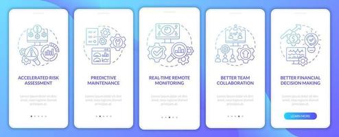 Digital twin benefits blue gradient onboarding mobile app screen. Walkthrough 5 steps graphic instructions pages with linear concepts. UI, UX, GUI template. Myriad Pro-Bold, Regular fonts used vector