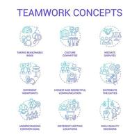 Teamwork blue gradient concept icons set. Successful collaboration. Employees coworking idea thin line color illustrations. Isolated outline drawings. Roboto-Medium, Myriad Pro-Bold fonts used vector