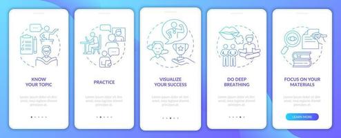 Public speaking fear blue gradient onboarding mobile app screen. Overcome walkthrough 5 steps graphic instructions pages with linear concepts. UI, UX, GUI template. Myriad Pro-Bold, Regular fonts used