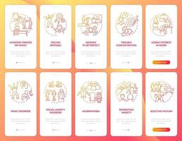 conjunto de pantalla de aplicación móvil de incorporación de gradiente rojo de trastorno de ansiedad. tutorial de mentalidad 5 pasos páginas de instrucciones gráficas con conceptos lineales. interfaz de usuario, ux, plantilla de interfaz gráfica de usuario. innumerables fuentes pro-negrita y regulares utilizadas vector