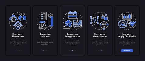 Emergency plan includes night mode onboarding mobile app screen. Service walkthrough 5 steps graphic instructions pages with linear concepts. UI, UX, GUI template. Myriad Pro-Bold, Regular fonts used vector