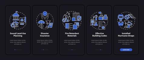 la mitigación de desastres implica la incorporación del modo nocturno a la pantalla de la aplicación móvil. tutorial de riesgo páginas de instrucciones gráficas de 5 pasos con conceptos lineales. interfaz de usuario, ux, plantilla de interfaz gráfica de usuario. innumerables fuentes pro-negrita y regulares utilizadas vector