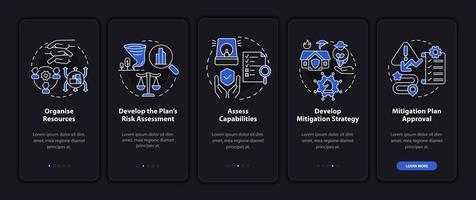 Hazard mitigation steps night mode onboarding mobile app screen. Risk walkthrough 5 steps graphic instructions pages with linear concepts. UI, UX, GUI template. Myriad Pro-Bold, Regular fonts used vector