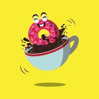 Donuts with mouth and eyes character and a cup of dark chocolate vector illustration
