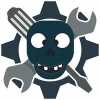 Funny skull on the center of wrench, screwdriver and gear vector