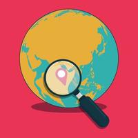 Earth globe, map pointer and magnifying glass vector illustration