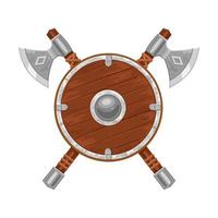 Two axes and viking shield isolated on white. Viking weapon. Vector illustration