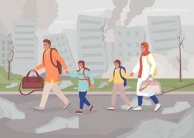 Family getting out of war-torn city flat color vector illustration