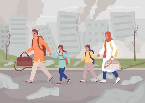 Family getting out of war-torn city flat color vector illustration