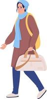 Female refugee with bag running away from war semi flat color vector character