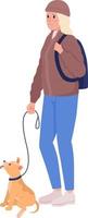 Sad young woman with dog on leash semi flat color vector character