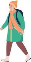 Refugee boy with backpack running away from war semi flat color vector character