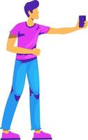 Young man holding smartphone semi flat color vector character