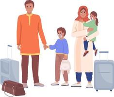 Fleeing family waiting for evacuation train semi flat color vector characters