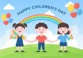celebración del día del niño feliz con niños y niñas jugando en personajes de dibujos animados ilustración de fondo adecuada para tarjetas de felicitación o carteles vector