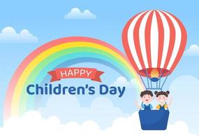 celebración del día del niño feliz con niños y niñas jugando en personajes de dibujos animados ilustración de fondo adecuada para tarjetas de felicitación o carteles