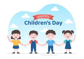 Happy Children's Day Celebration With Boys and Girls Playing in Cartoon Characters Background Illustration Suitable for Greeting Cards or Posters vector