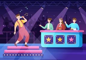 Talent Show with Contestants Displaying their Skill on Stage or Podium in Front of Judges Judging them in Cartoon Illustration vector