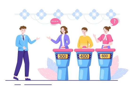 TV Quiz Show with Participants who Answer Questions and Will get Points From the Host on the Studio in Cartoon Illustration