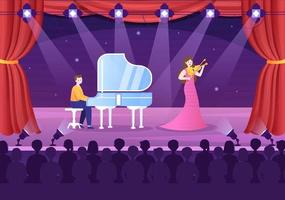 Talent Show with Contestants Displaying their Skill on Stage or Podium in Front of Judges Judging them in Cartoon Illustration vector