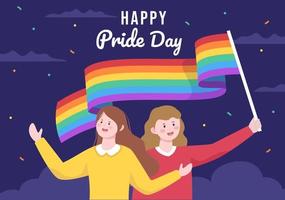 feliz día del mes del orgullo con el arco iris lgbt y la bandera transgénero para desfilar contra la violencia, la discriminación, la igualdad o la homosexualidad en la ilustración de dibujos animados vector