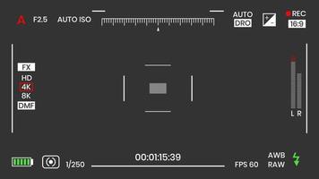 Ilustración de vector de diseño de estilo plano de grabadora de marco de foto o video de visor de cámara. visor de cámara digital con ajustes de exposición y plantilla de cuadrícula de enfoque.