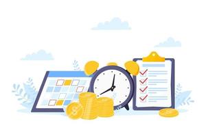 Time is money or saving money business concept. Giant clock, calendar schedule and checklist symbol. vector