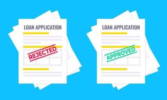 Rejected and approved credit or loan forms set with claim form on it, paper sheets isolated on blue background vector