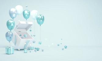 3D Rendering concept of opened gift box showing space inside with small gifts and geometric elements compose in blue theme for commercial design. 3D Render illustration. photo