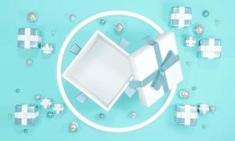 3D Rendering concept of top view of opened gift box showing empty space inside with small presents and geometric elements compose in blue theme for commercial design. 3D Render illustration. photo