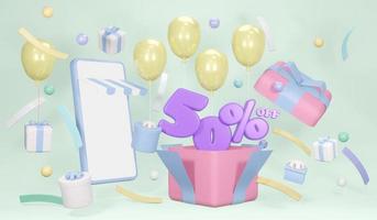 Discount banners 50 percent with phone concept of online shopping. 3D rendering of explosion of opened gift box showing discount percentage and confetti on background. 3D Render. 3D illustration. photo