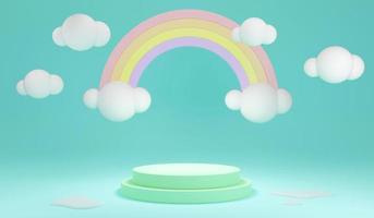 3D Rendering pastel blank product stand podium display with rainbow and  cloud on background for commercial design. Minimal pink theme. 3D Render. 3D illustration. photo