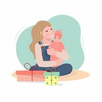 Girl hugs a doll. Vector Illustration of a girl holding her doll. Sitting on the floor. Flat vector faceless characters