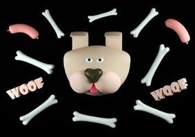Dog with a bone and sausage 3d  illustration photo