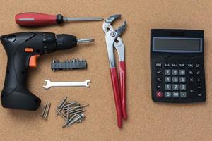 many handy tools, on wooden background top view with copy space for text, Labor day background photo