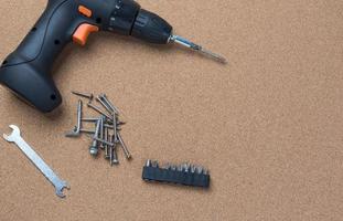 many handy tools, on wooden background top view with copy space for text, Labor day background photo