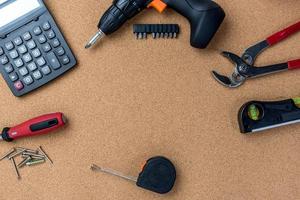 many handy tools, on wooden background top view with copy space for text, Labor day background photo