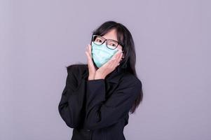 Asian business women have to use a mask to cover the face to prevent pollution from dust photo