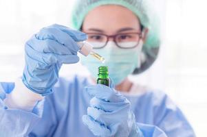 Asian female researchers are doing chemistry tests to analyze the drugs that will be used during the outbreak of the corona virus photo