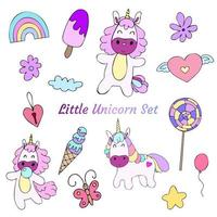 conjunto vectorial de doodle de unicornio de dibujos animados con otro objeto lindo vector