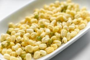 Organics fresh Baby Green Bean Sprouts in white ceramic bowl on a dark concrete background photo