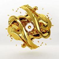 Abstract art 3d sculpture with gold flower in curve wavy spherical biological lines with small gold ball isolated on white background, Gold texture, 3D Rendering photo