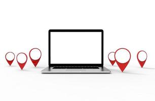 Location icon and modern laptop isolated on white background. 3D Illustration. photo